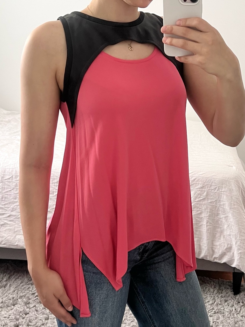 Sleeveless Pink Cutout Tank Top with Black leather detailing